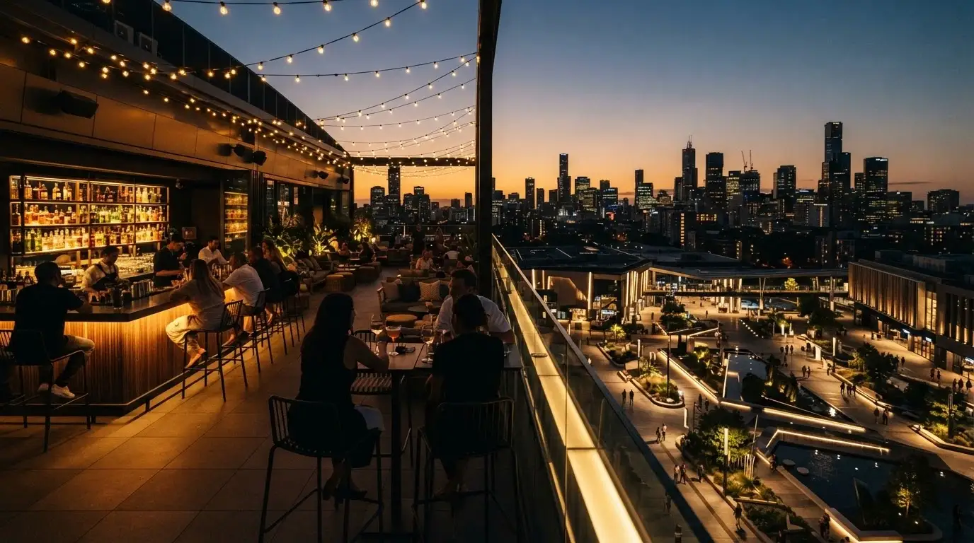 The rooftop bar at SkyCity Adelaide with views across the Festival Plaza and Riverbank Precinct at dusk