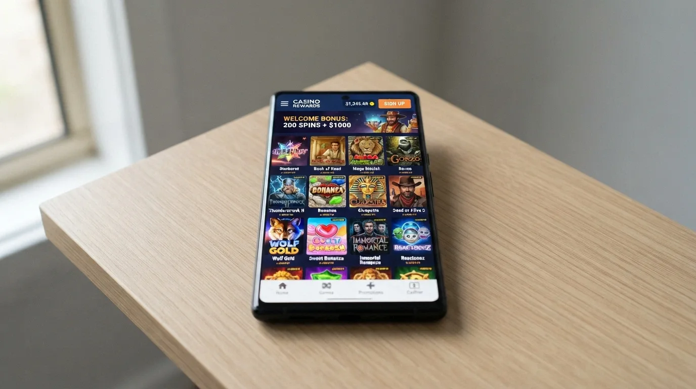 The Royal Reels mobile home screen with its game lobby grid, showing Pragmatic Play and NetEnt titles, and the sign-up button prominent at the top
