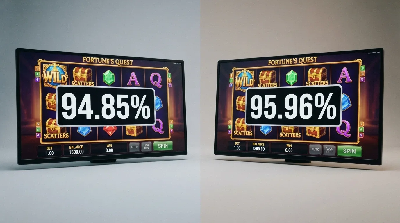 Two screens side by side showing the same Aristocrat pokie title with visibly different RTP readouts or return tables