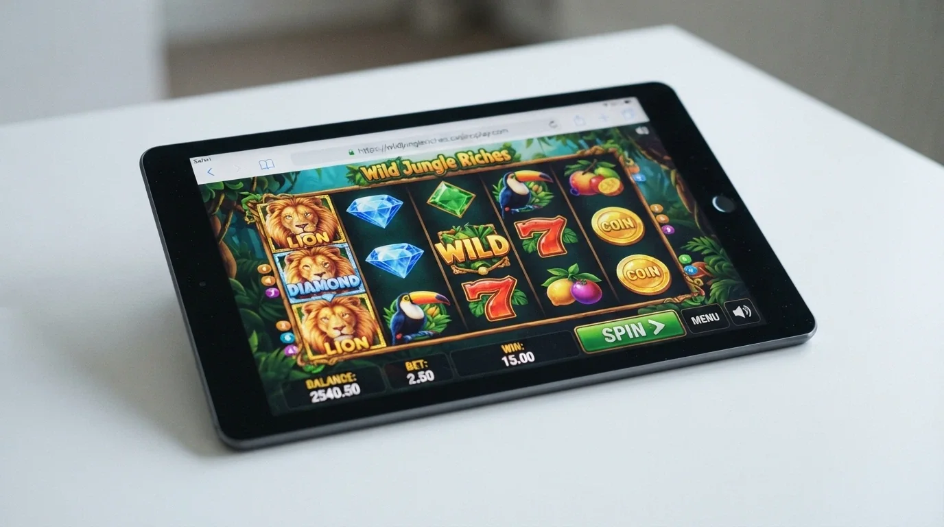 A close-up of an iPad screen showing a Safari browser window with a pokie game loaded, the address bar visible