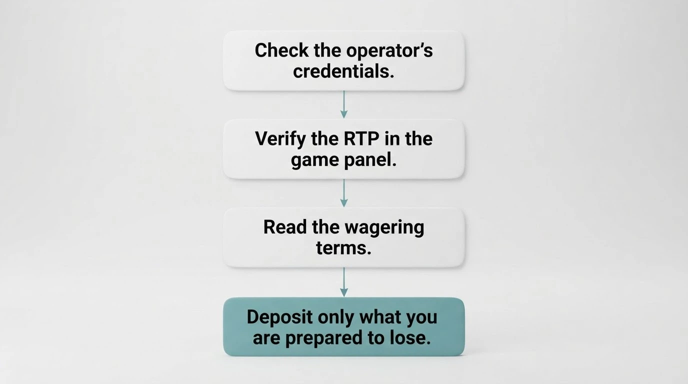 A simple decision-flow diagram on a clean background: three boxes reading “Check the licence number,” “Verify the RTP in the game panel,” and “Read the wagering terms,” all feeding into a final box labelled “Deposit only what you are prepared to lose.”