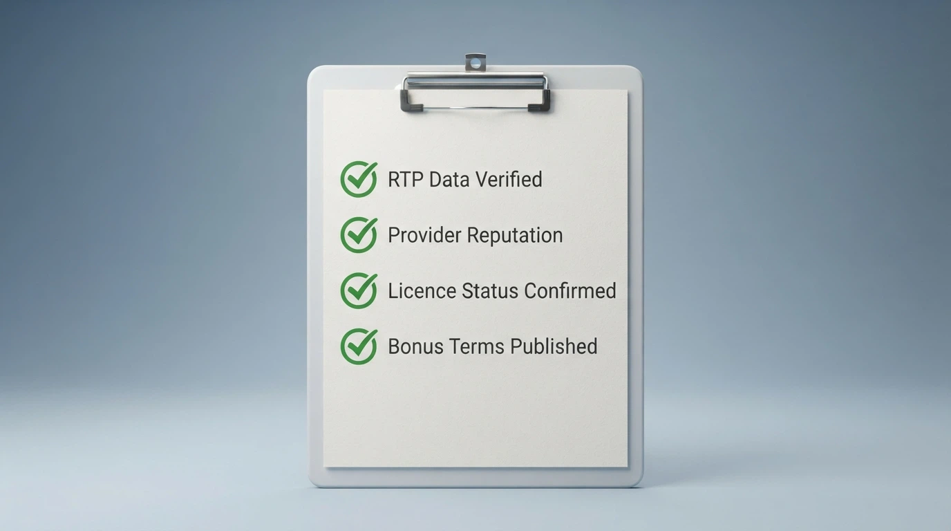 A checklist-style visual showing four evaluation criteria — RTP data, provider reputation, licence verification and bonus-term transparency — each with a tick mark