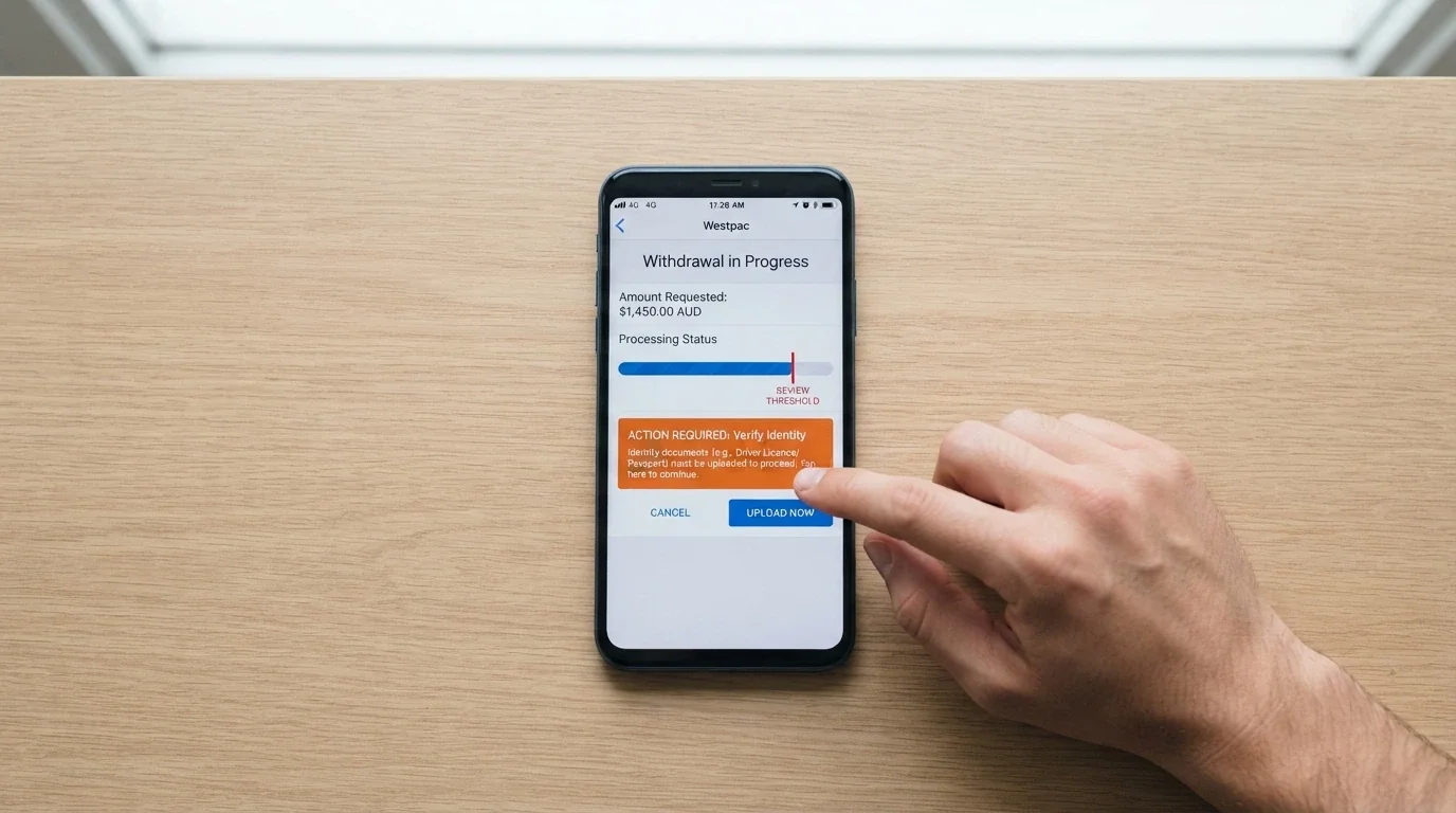 A mobile screen showing a withdrawal request beside a notification requesting identity documents, with a progress bar nearing a threshold