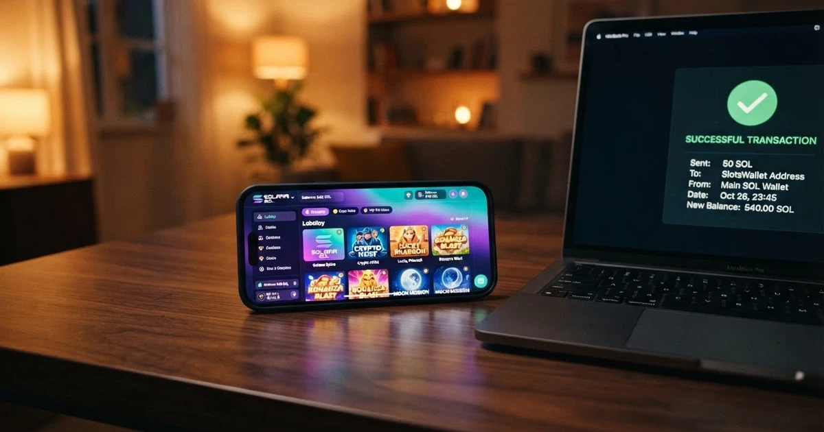 A split-frame showing a Phantom wallet transaction confirmation on one side and a crowded online casino game lobby on the other, connected by a glowing Solana gradient