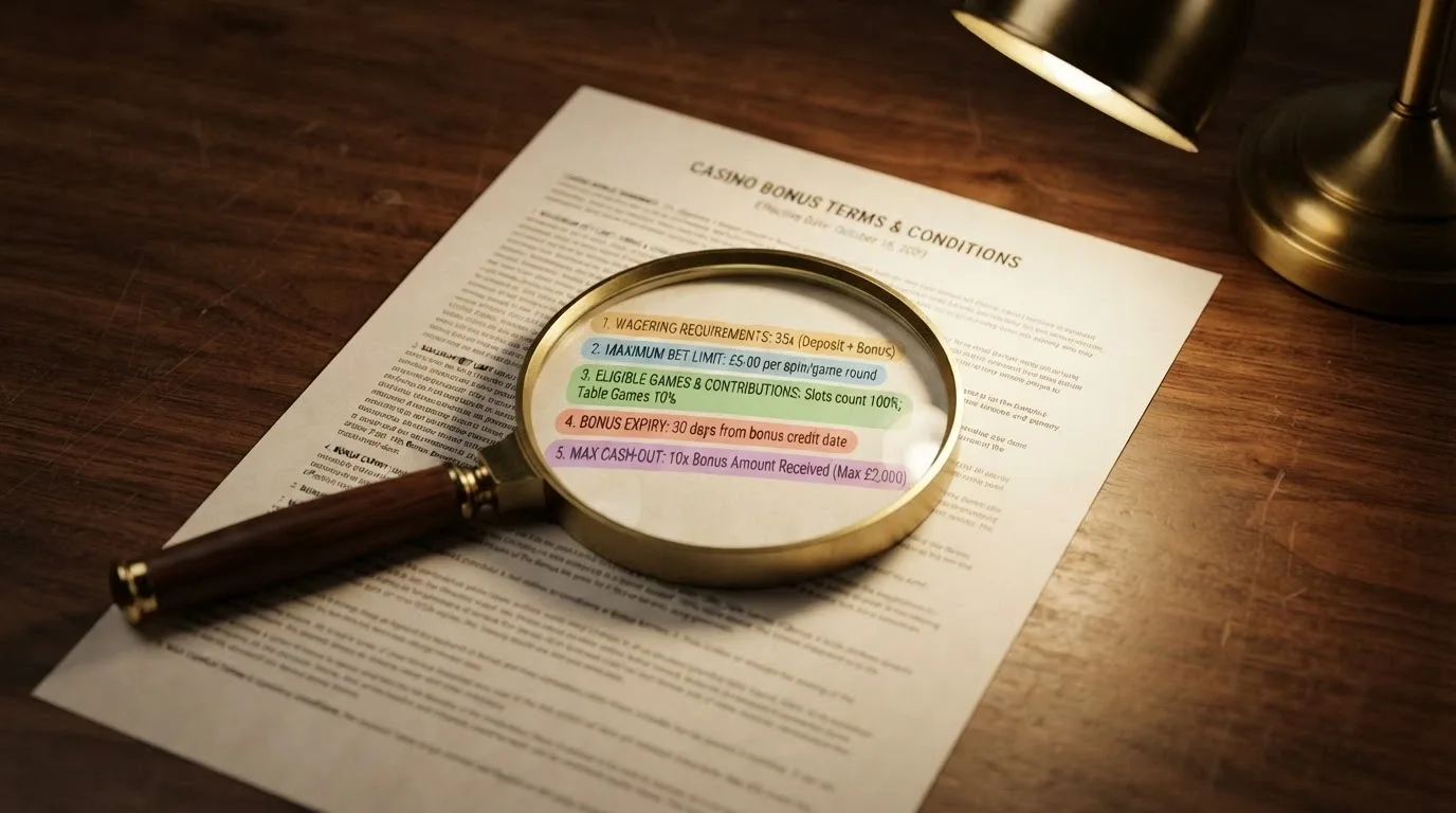 A magnifying glass over a casino bonus-terms paragraph, with five highlighted lines: wagering, cashout cap, expiry, eligible games and minimum withdrawal.