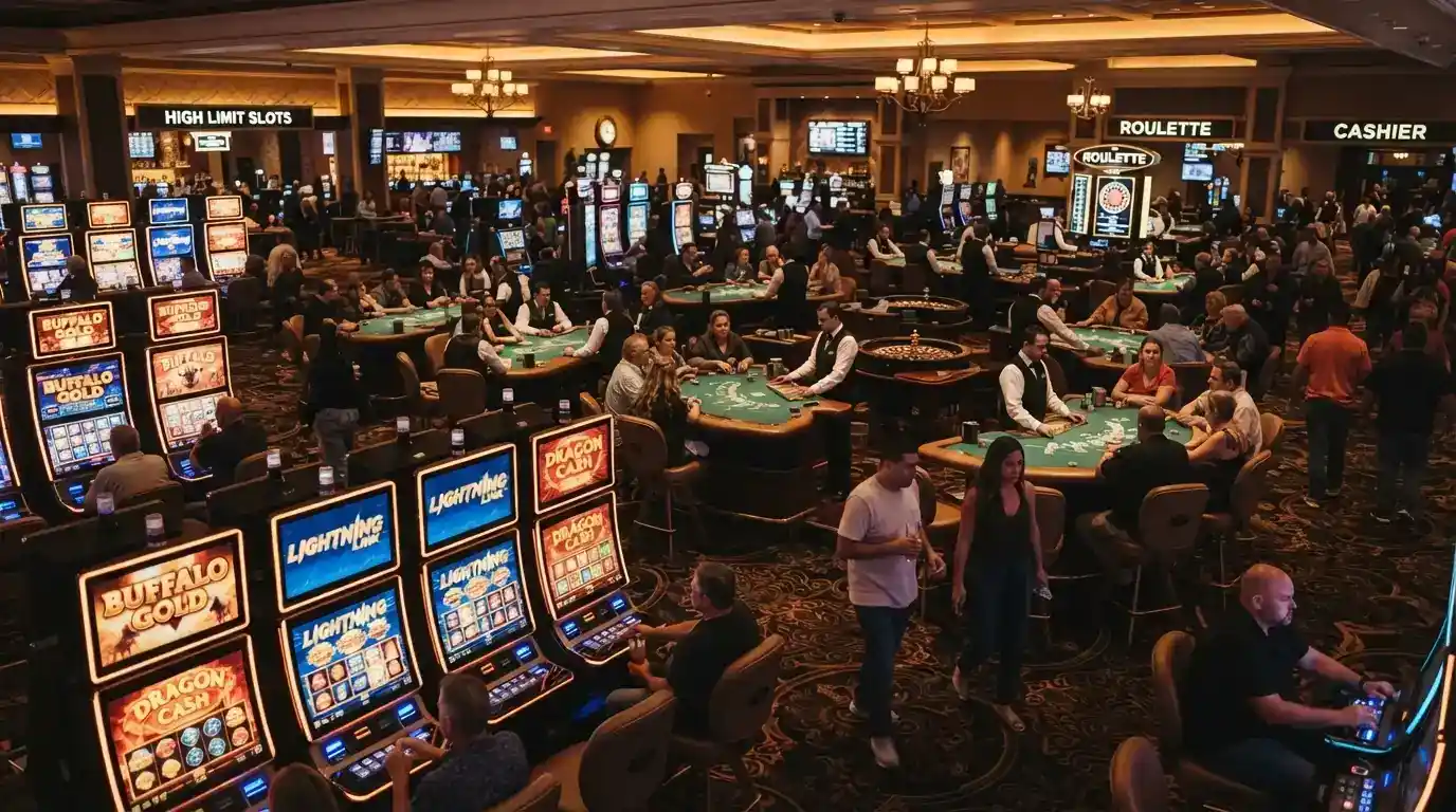 Rows of electronic gaming machines and table games on the main casino floor at The Star Brisbane