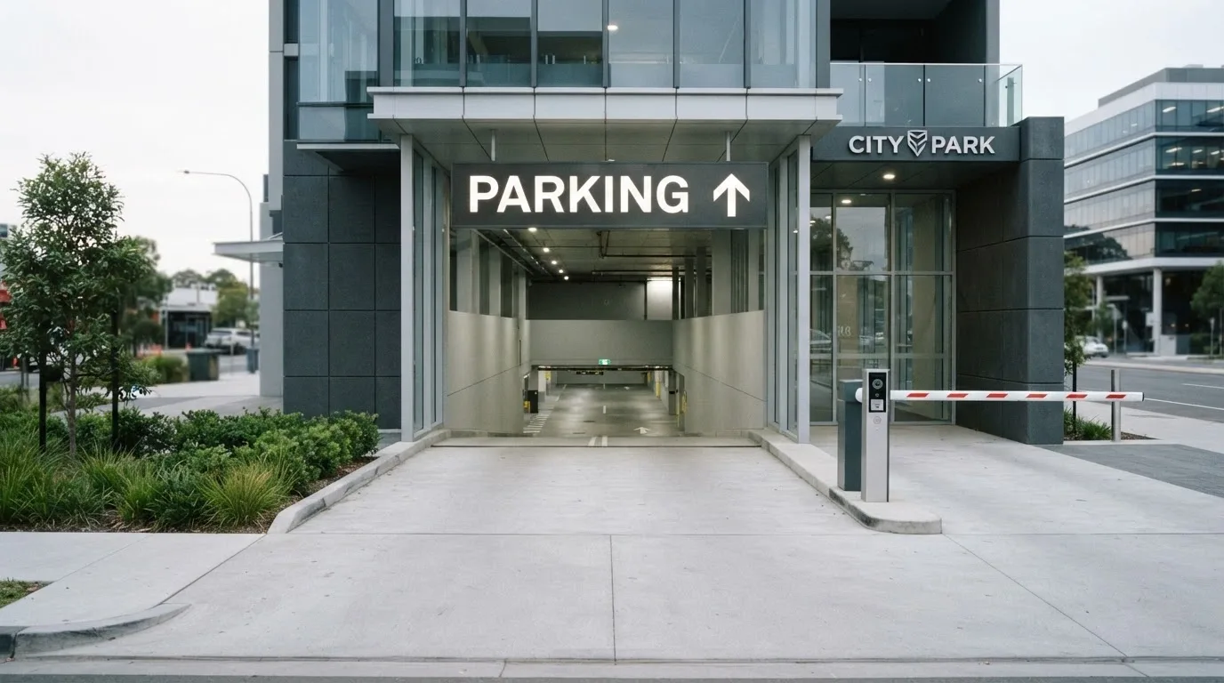Vehicle entrance to The Star Brisbane car park at 33 William Street with signage visible
