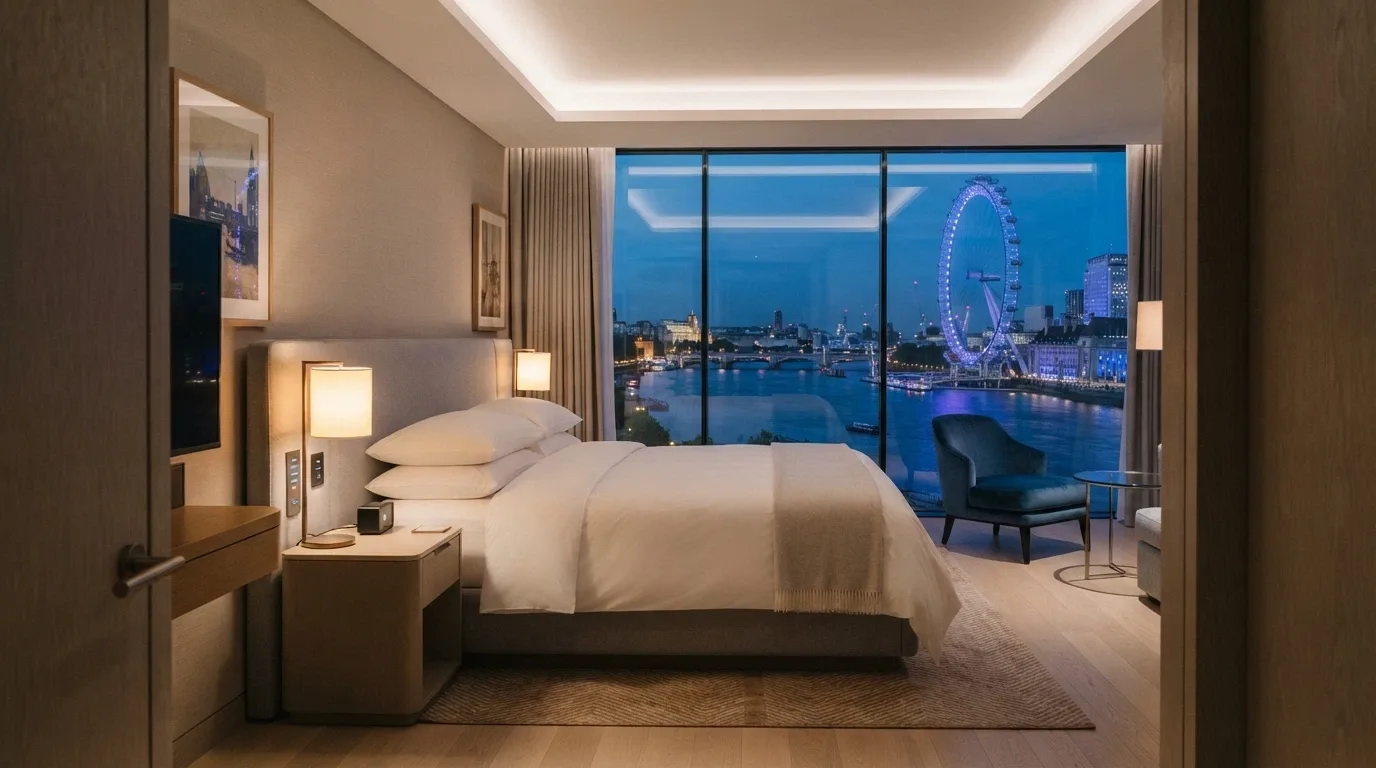 A River King Room at The Star Grand with floor-to-ceiling windows framing the Brisbane River and Wheel of Brisbane