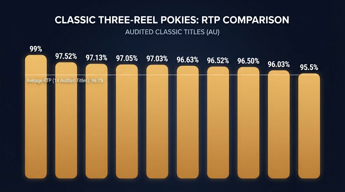 Bar chart comparing RTP percentages of 10 featured 3-reel pokies with Mega Joker at 99% leading