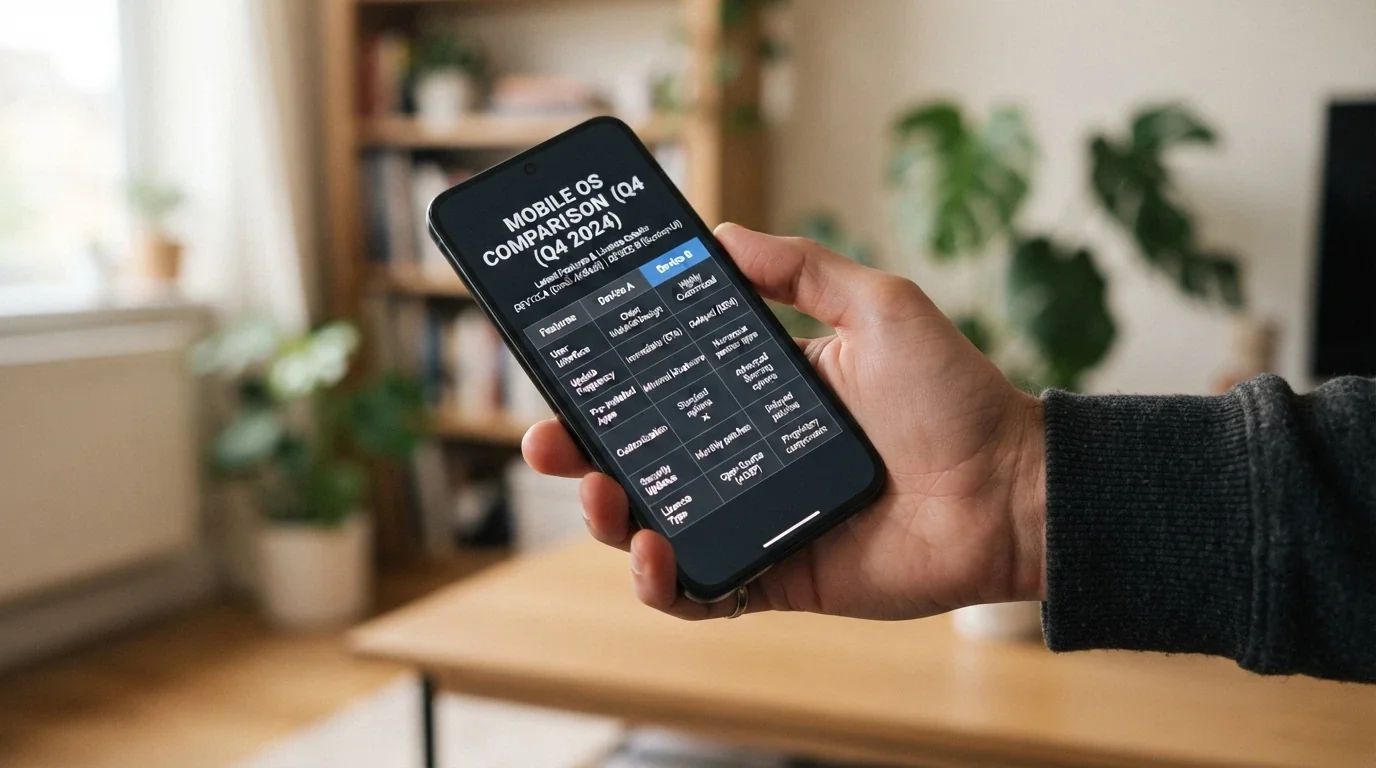 A close-up of an Android phone screen displaying a comparison table with operator names, licence details and key features