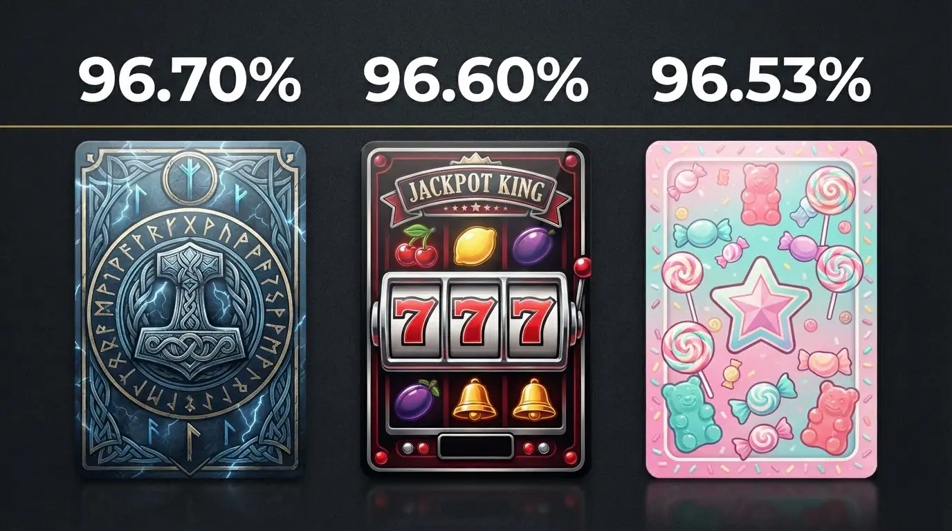 Side-by-side game cards for Viking Runecraft, Seven 7's and Sugar Rush 1000 with their RTP percentages displayed above 96.5%