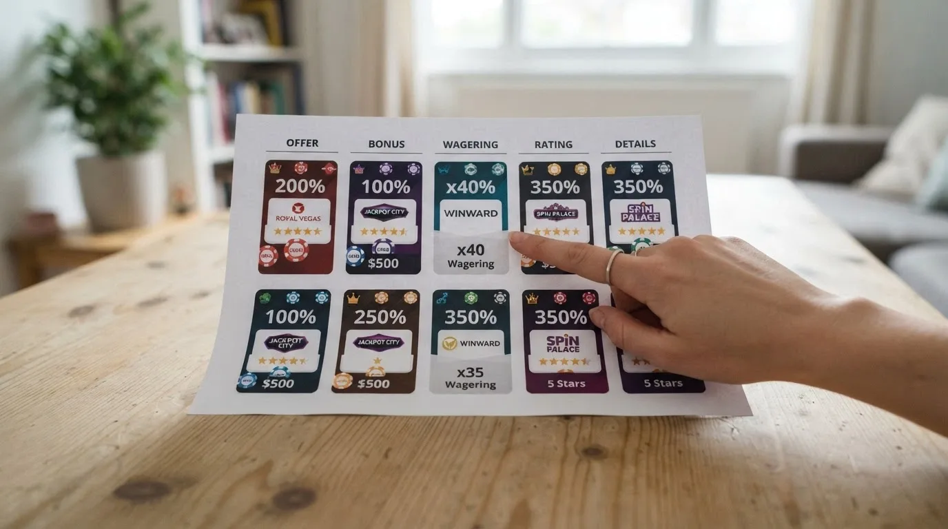 A side-by-side layout of casino welcome-bonus cards with USDT logo, wagering figures and star ratings