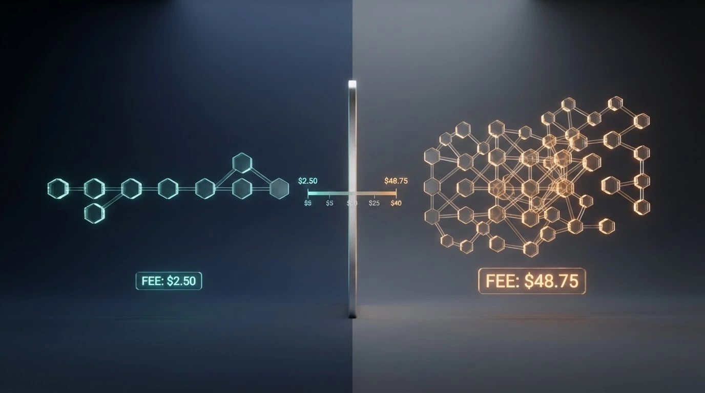 A visual split between the TRON and Ethereum network logos with a dollar-fee scale showing the cost difference on a typical casino deposit