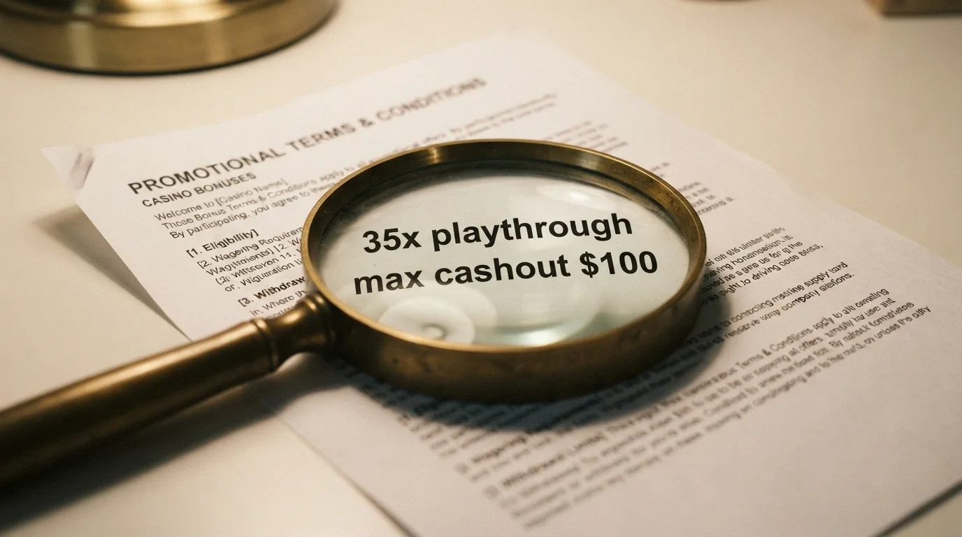 A magnifying glass held over a printed terms-and-conditions document, the words “35x playthrough” and “max cashout $100” visible in the lens