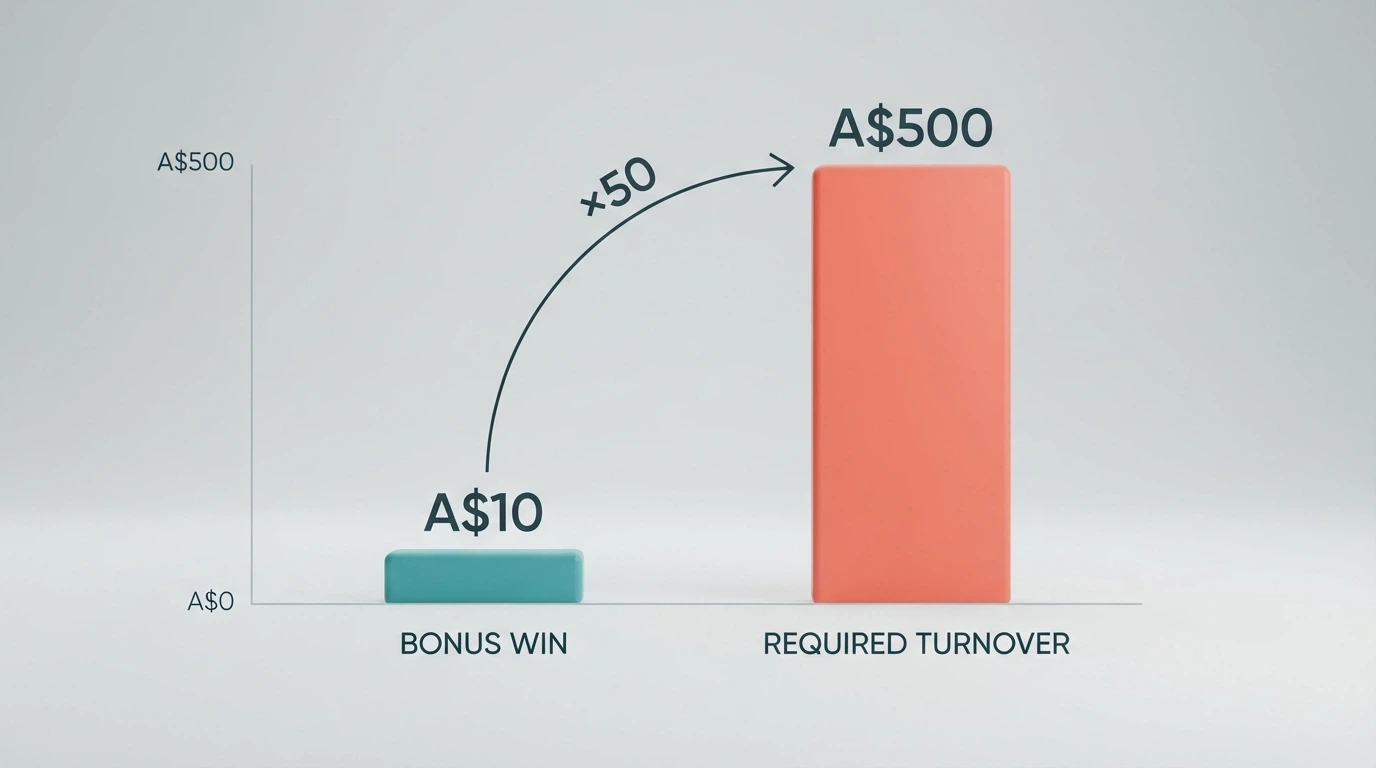 A bar chart or visual showing a small bonus win (A$10) growing into a large turnover obligation (A$500) through a 50x wagering multiplier