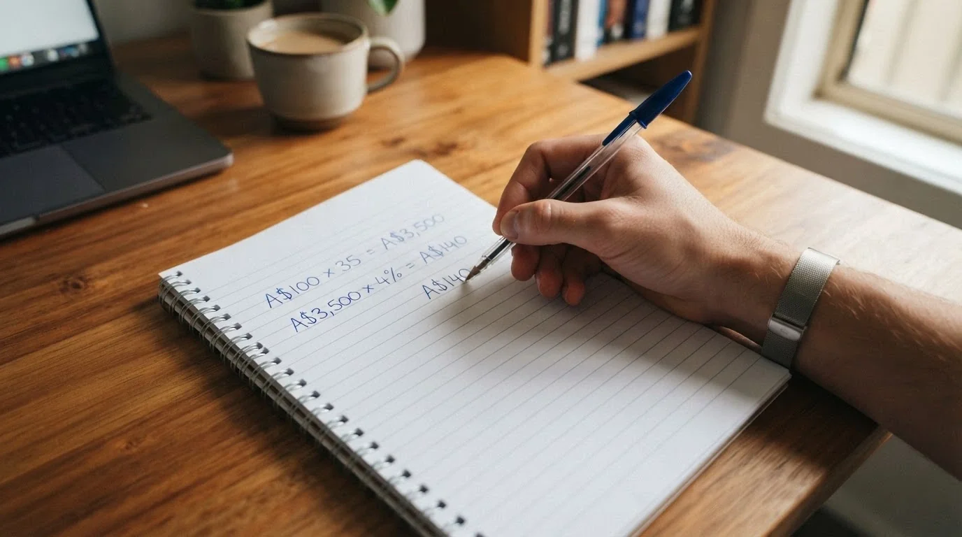 A close-up of a notepad or spreadsheet with “Bonus A$100 × 35x = A$3,500 turnover” written out, beside a calculator showing A$140 — the expected loss on a 96% RTP game