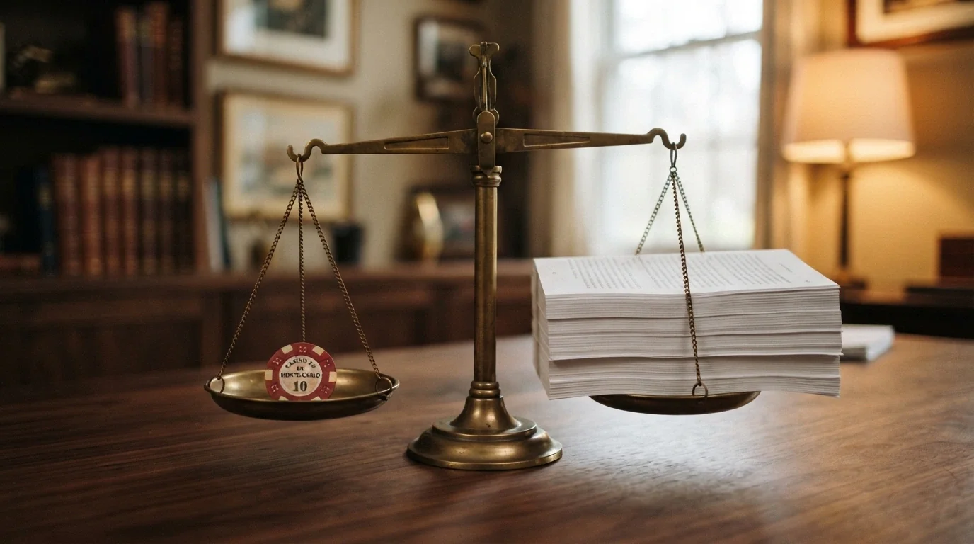 A balance scale with a single casino chip on one side and a tall stack of paperwork on the other