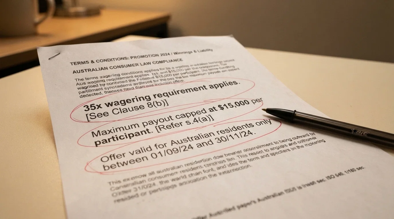 A close-up of bonus terms and conditions on a casino page, with the wagering requirement, max cashout and time-limit clauses highlighted