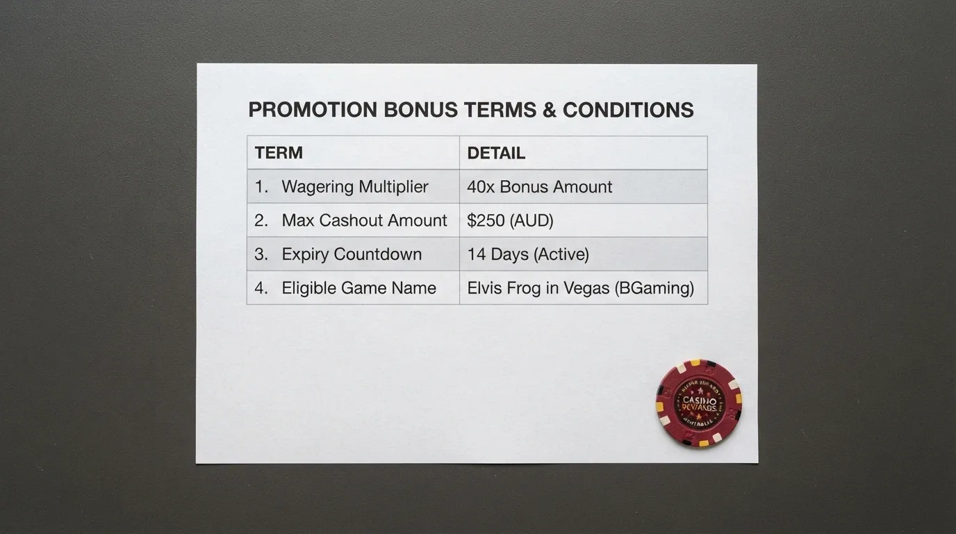A close-up of a casino bonus terms panel showing wagering multiples, max cashout figures and an expiry countdown