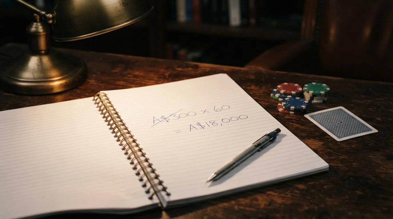 A calculator or notepad showing the arithmetic: A$300 × 60 = A$18,000, with a crossed-out A$300 beside it