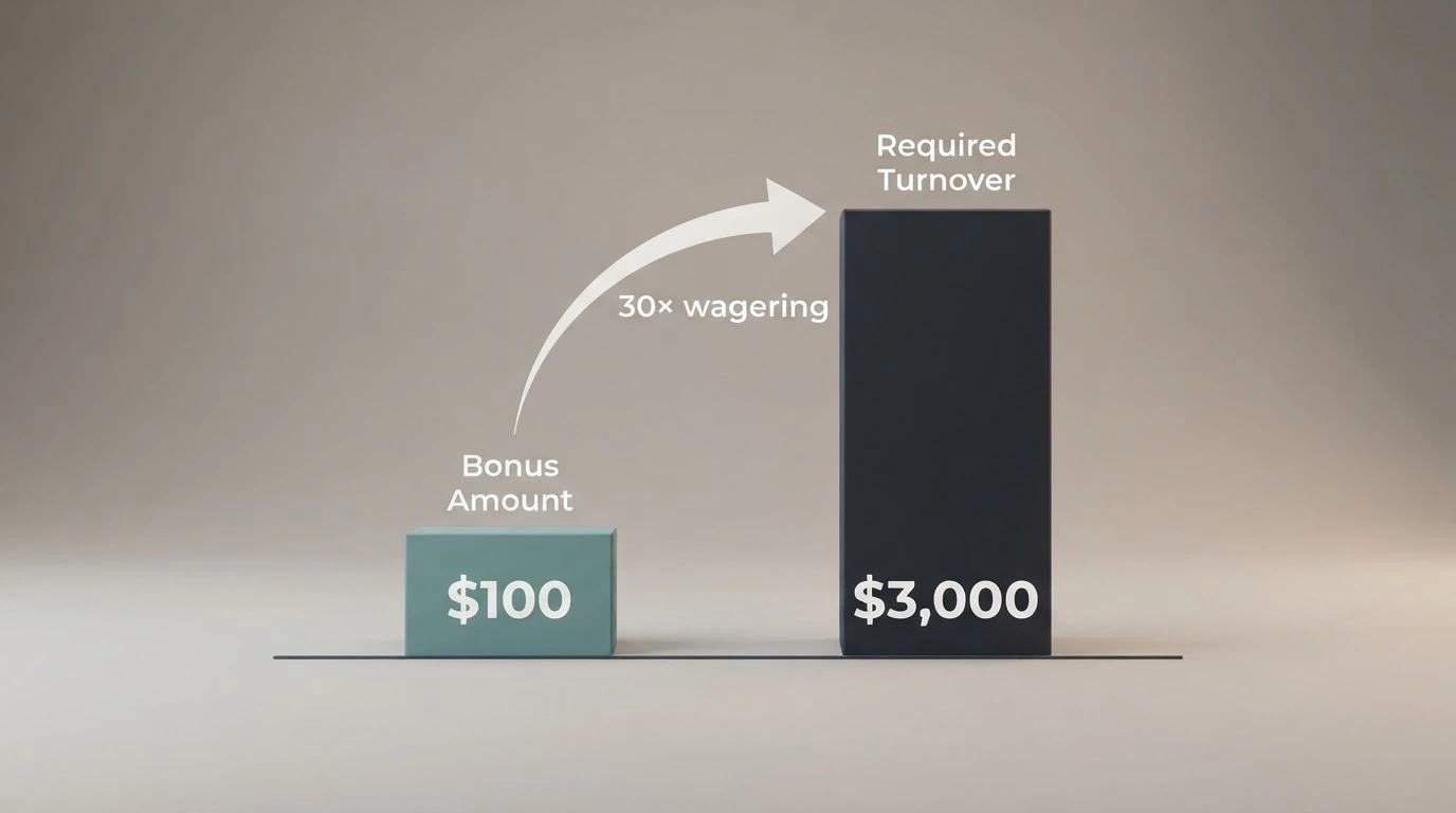 A simple bar chart showing a $100 bonus at the left growing into a $3,000 turnover bar on the right, with an arrow labelled 30x wagering between them