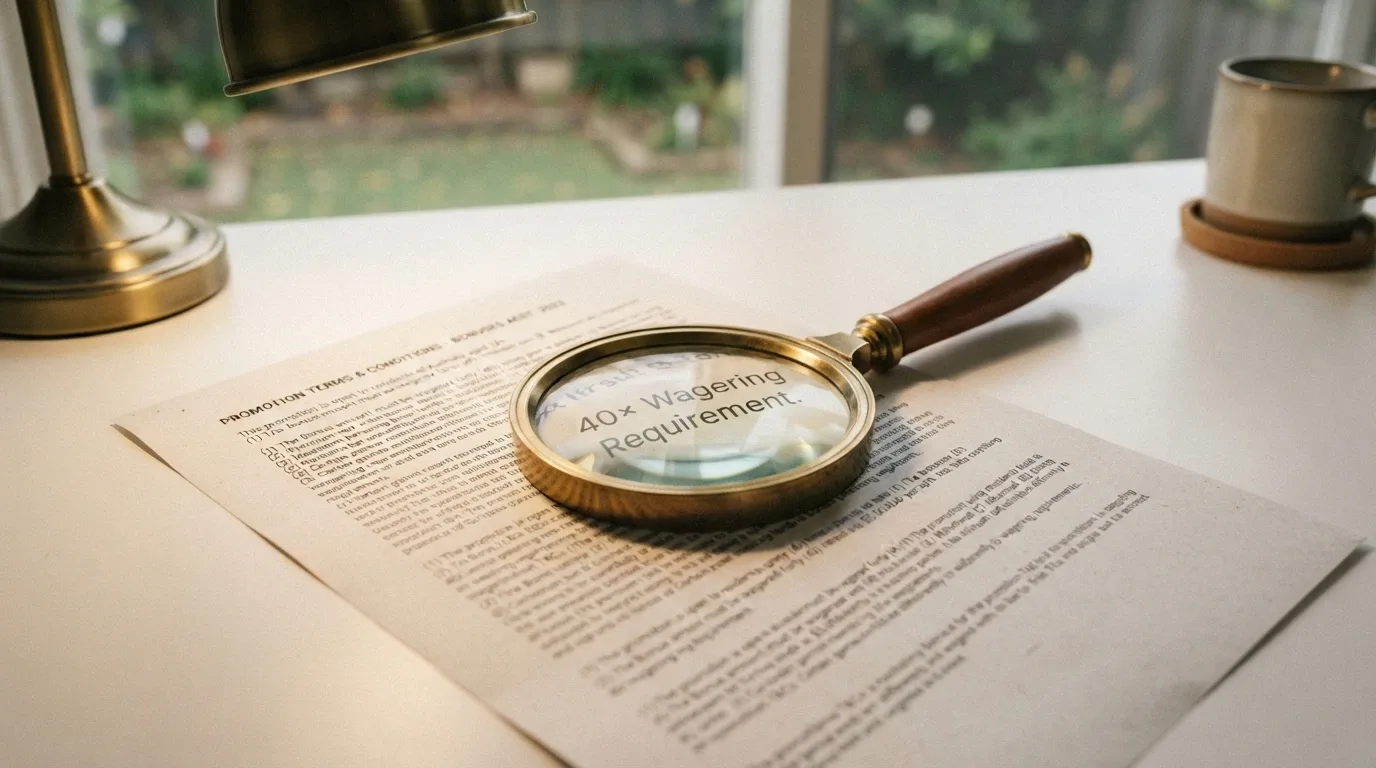 A close-up of bonus terms and conditions text with a magnifying glass highlighting the wagering-requirement figure