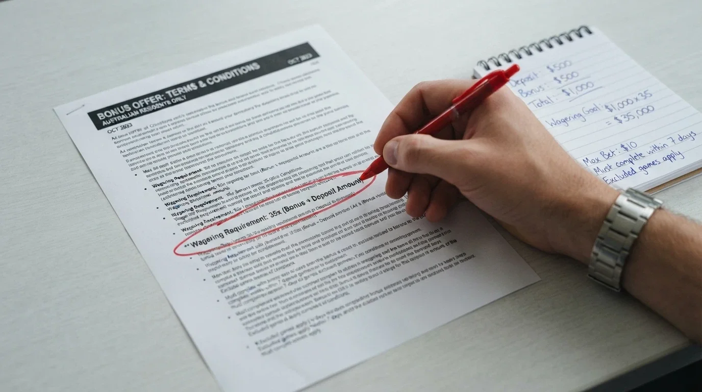 A close-up of bonus terms and conditions text with a wagering requirement figure highlighted, beside a calculator showing a multiplied dollar amount