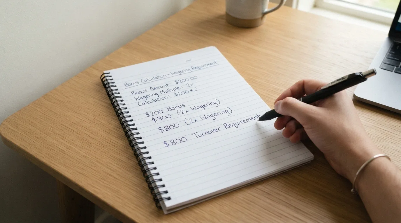 A calculator next to a notepad showing bonus amount multiplied by wagering multiple equals total turnover required.
