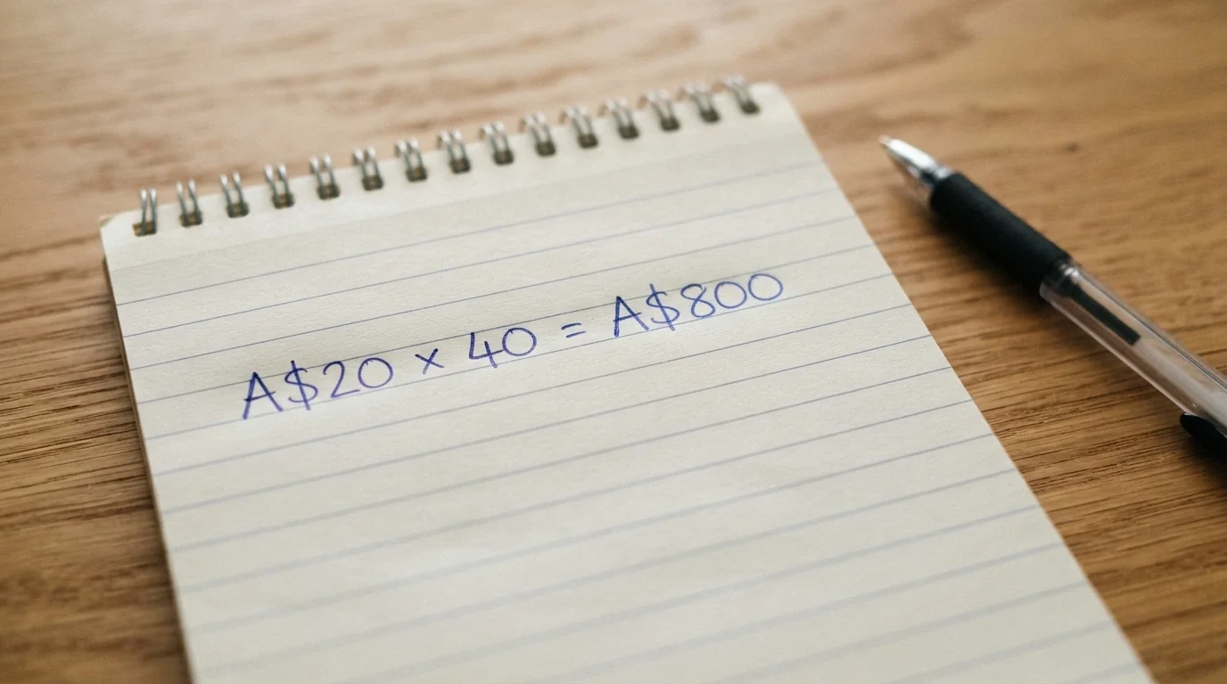 A notepad with handwritten arithmetic showing a A$20 bonus multiplied by 40x wagering to equal A$800 total turnover