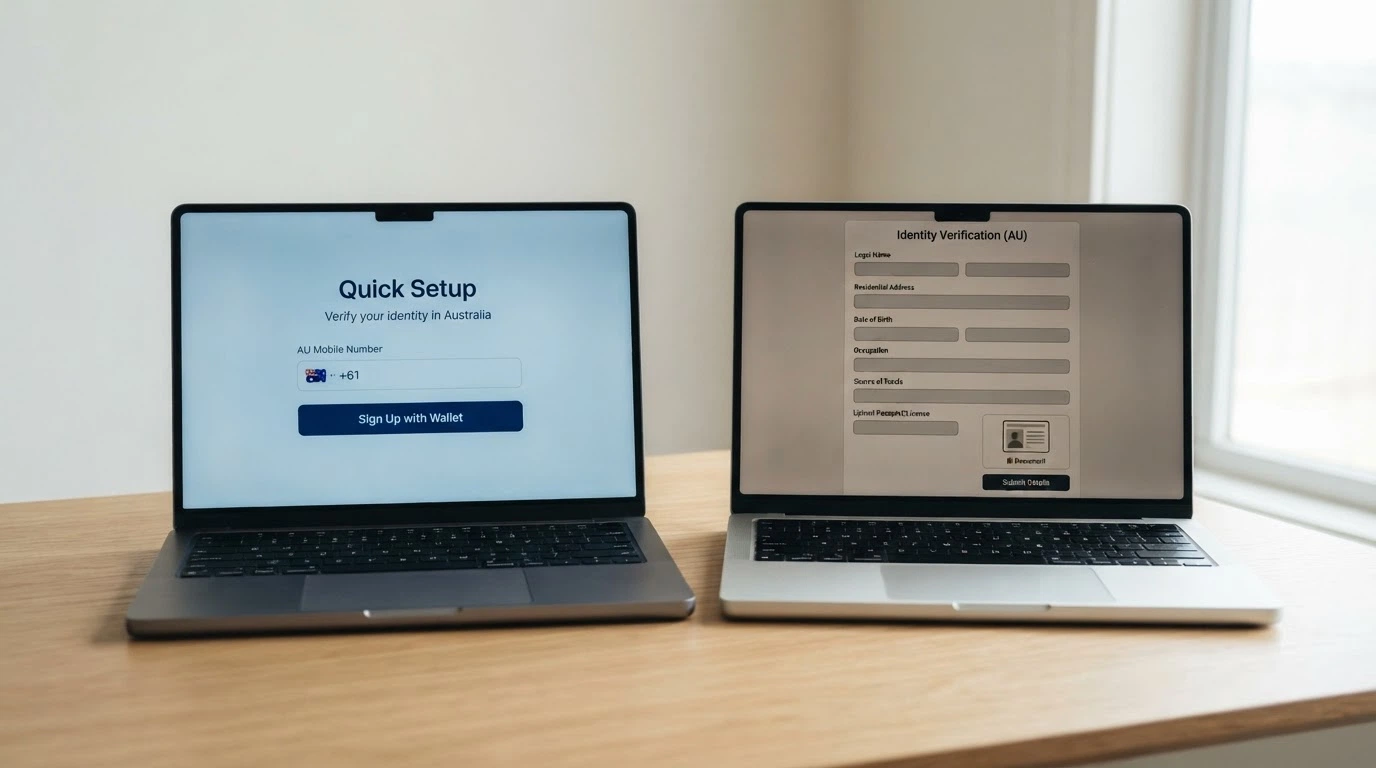 A laptop screen showing a Solana casino registration page with a “Connect Wallet” button prominent, next to a traditional casino sign-up form demanding name, address, date of birth and a scan of a driver licence