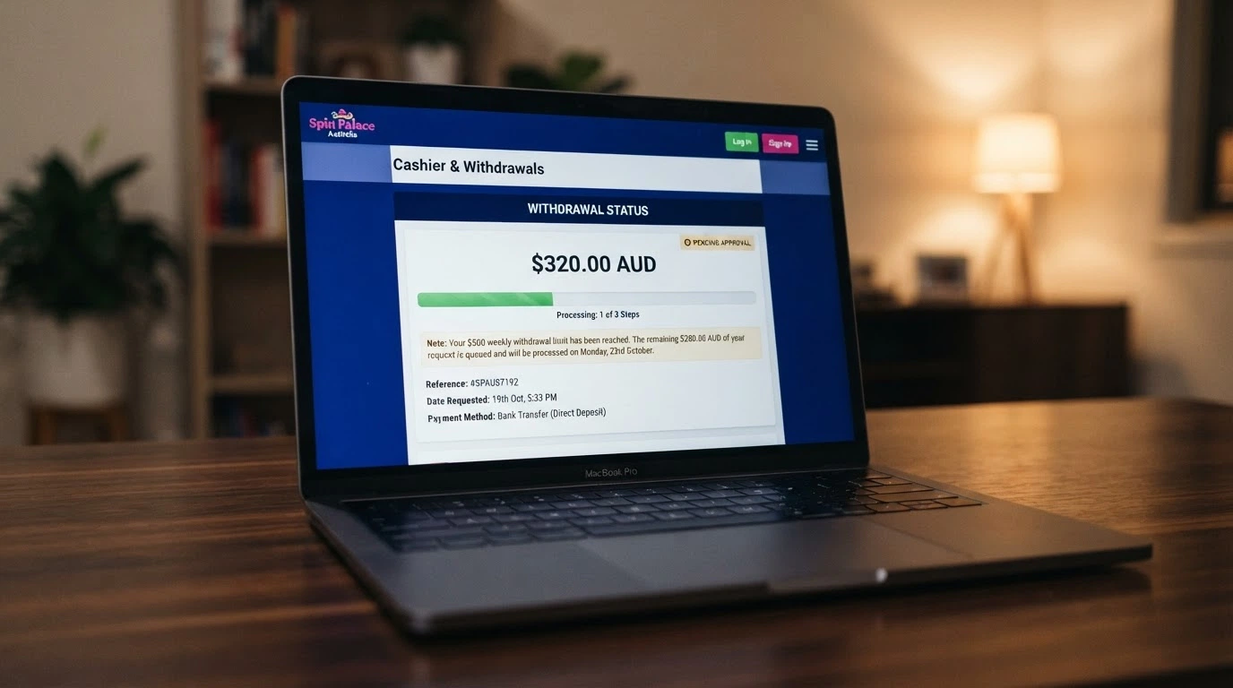 A casino cashier screen showing a pending withdrawal of $320 with a note reading “Remaining: $280 — weekly limit reached” below it