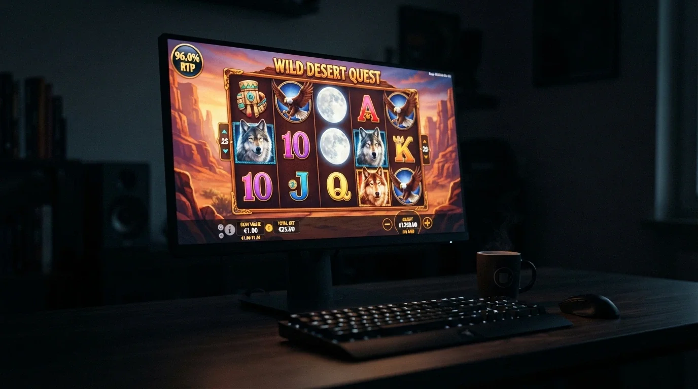 The Wolf Treasure pokie game screen with its 96.0% RTP badge visible, reels in play on a desktop browser