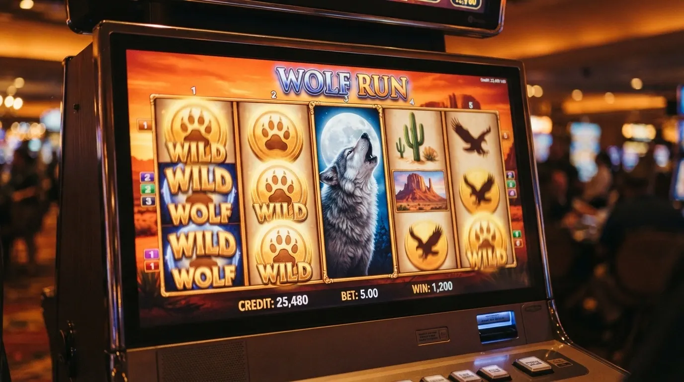 The Wolf Treasure pokie 5x3 reel grid in play, showing the wolf symbol and stacked cash symbols on a sunset-desert backdrop